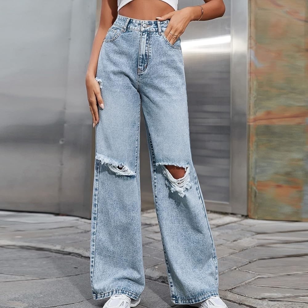 Vestry Light Blue Distressed Wide Leg  Jeans